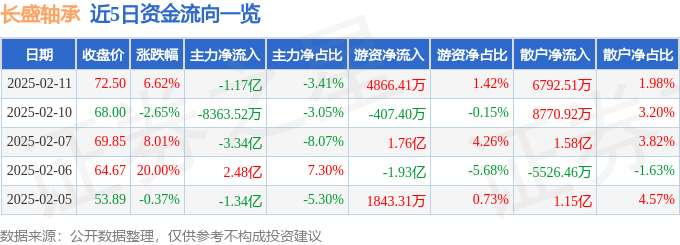 九游娱乐网站：长盛轴承（300718）2月11日主力资金净卖出117亿元(图1)